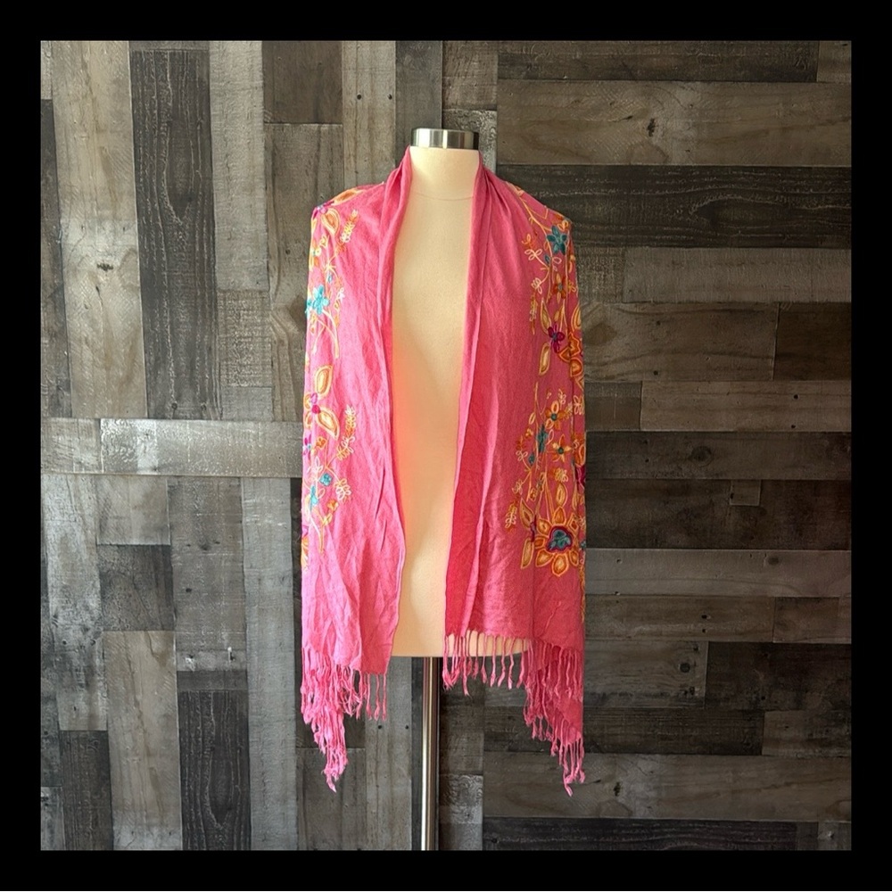 Pink floral embroidery shawl fiesta festival Barbiecore romantic resortwear